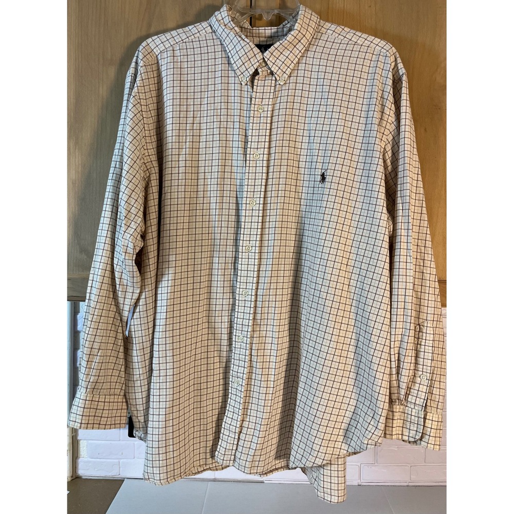 Ralph Lauren Button Down Shirt Mens 3XB Tan Brown Check Classic Fit Long Sleeve